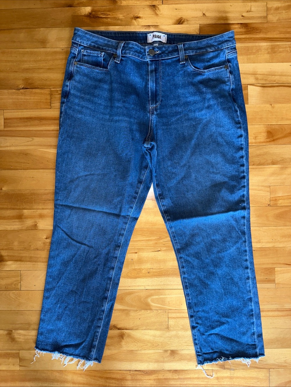 PAIGE Brigitte Ankle Crop Jeans Raw Hem Straight Leg Mid Rise Blue Women’s 32